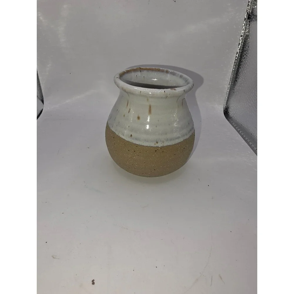 Handmade Studio Pottery Vase Speckled Tan White Glaze Two Tone Stoneware 4 inch